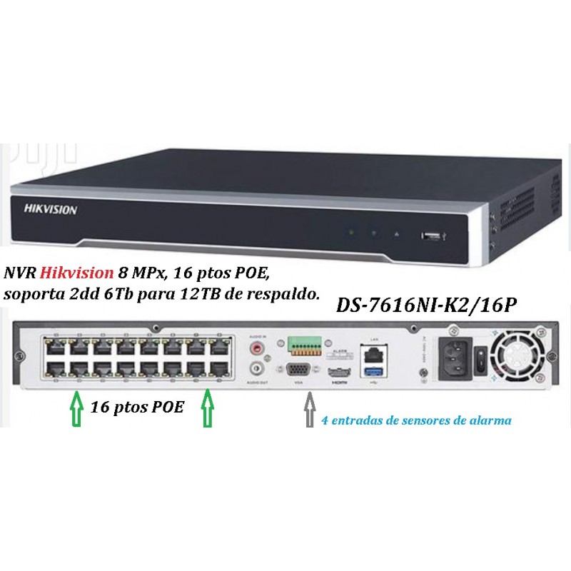 NVR 16ch 8Mpx, +16 POE. Hikvision, 4in Alarma. 2DD 12Tb