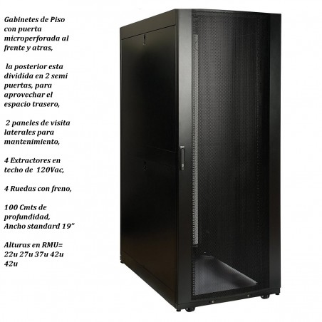 Gabinete piso 37rmu Prf 100cm, Alt 182cm 4 Ptas Fte Micro Perfora, Extrac, Ruedas desarmado. Negro. Gtia: Nuevos