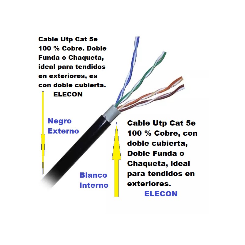 Cable Cat 5e 100% Cobre Elecon, Doble Chaqueta, awg24, SIN identif mts/fts, fab nac, para Exteriores en Negro,