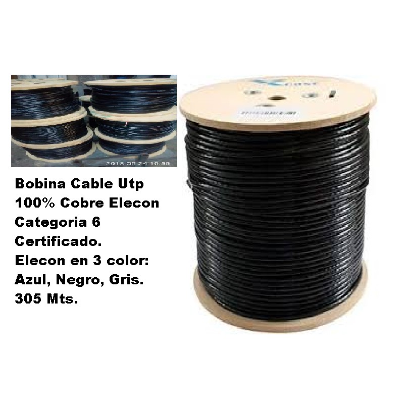 Cable CAT 6 100% COBRE Elecon Negro, Por Metros, awg23, SIN identificar Mts/Fts, Fabricación Nacional.