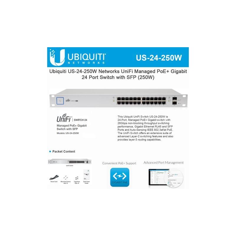 Switch 24 ptos POE +2 Sfp. Administrable Unifi. Gigabit Poe 802.3af/at, 250w. Ubiquiti.