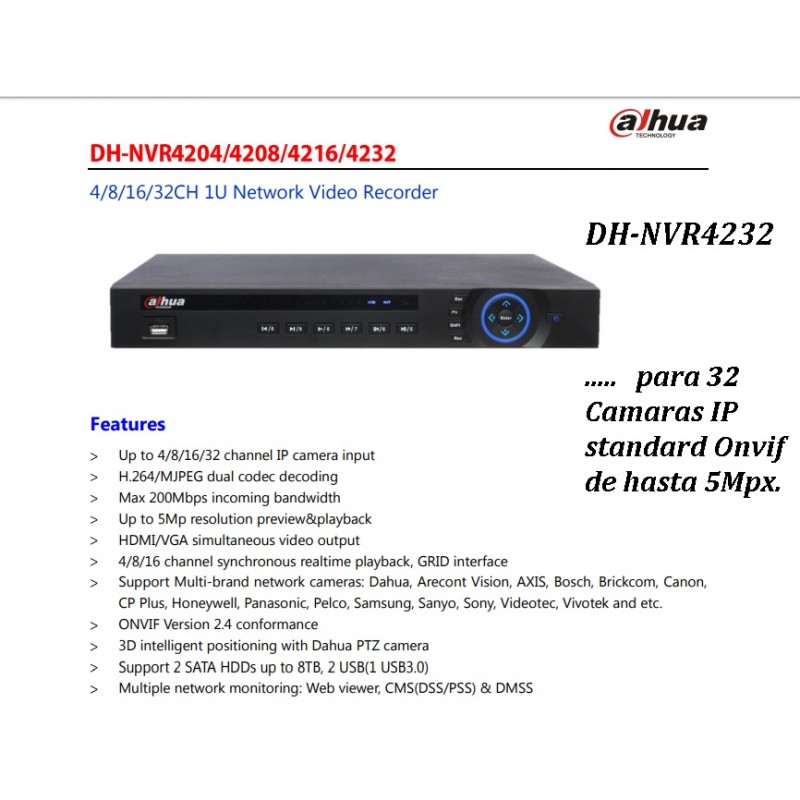 NVR 32 Cam IP hasta 5Mpx, Dahua 2Usb 2.0/3.01, sop 2dd S3 6Tb,