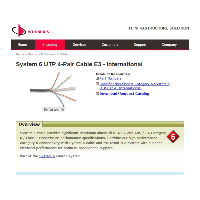 Cable CAT 6 Utp, Azul, Siemon, p/Mts CM, IEC 60332-1, awg23.