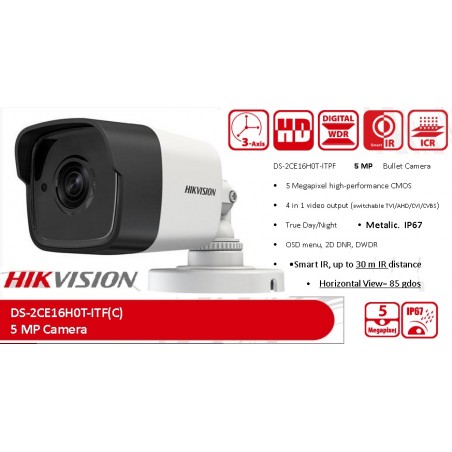 Camara Cañon 5Mpx 3.6mm Hikvision 1/2" Metal IP67, ExIR 20m, IRcut, OSD, 4en1