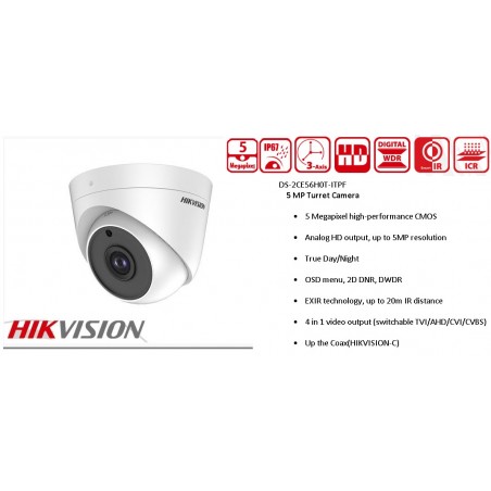 Camara Domo 5Mpx 2.8mm Hikvision 1/2" Metal IP67, ExIR 20m, IRcut, OSD, 4en1