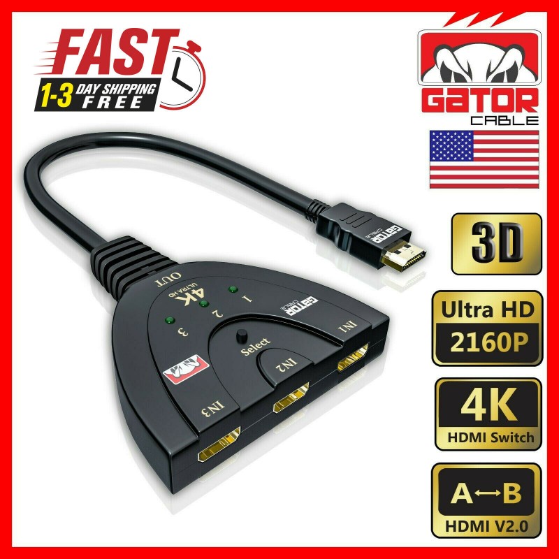 Splitter 3 HDMI 3a1, Switch para Intercambiar el equipo de entrada, Cable Integrado, Resol: 1080p/2160p, 10 Mts, 2K, 3D, 4K.