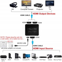 Splitter HDMI 1M Cable a 2 Out Hembra Resolu: 1080p/3D, 4K, HDCP V2.2 Garantia General: 30 Dias Fecha Factura.