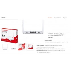 Modem Adsl Router 300Mbp, 2Ant, Mercusys 5db 2.4Ghz, 3Lan FastEt 1wan, Grtia:180 dias