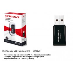 Mini Adaptador USB Tipo A Inalámbrico, Wi-Fi 2.4GHz 300Mbps Mercusys. Gtia: 30D.