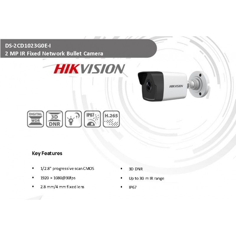 Camara IP Cañon 2 Mpx, 2.8mm Poe Hikvision, Metalica, Led 30m, 1/3", Rj45, Onvif, h265, 10/100Mb, NoSD, IK10, IP67. Gtia: 90dias