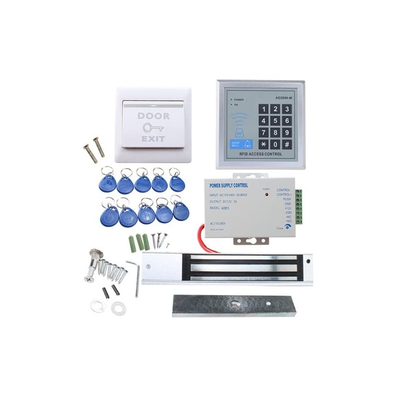 Control Acceso 1 Puerta, Kit Teclado Programable, 10 boton Rfid, Cerradura Electromagnetica 280kg Switch OnOff NC, Fuente 12v 3A