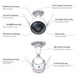 Camara IP WiFi Cañon 2.8mm 1MPx EzViz 2 Antenas, 1/4", IP66, Sd128Mb, Ir 30m, cs-cv310-a0-3b1wfr. 1xRj45. Gtia: 90dias