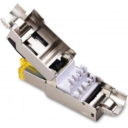 Conector Rj45 Blindado Cat 6A 10Gb Amarillo, Tooolfree, Armable, awg 22. Shielded. Ideal Exteriores, Antenas, AP.