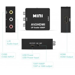 Convertidor RCA Video a Hdmi hembra, Cable power Usb V-1.0, Switch 720/1080px, 2 Audio L/R. Para ver Equipos en video HDMI.