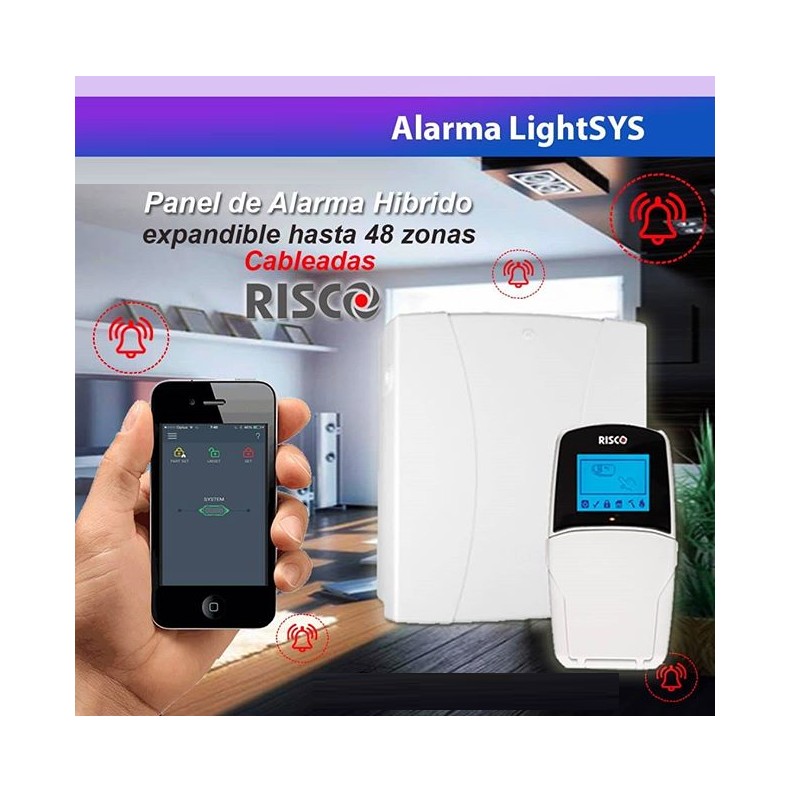 Alarma Risco Lightsys, Cableada 8 Zonas Expandib  48zonas, Teclado Pantalla, Sensor Mvto Comet Pir rk210pt Contactor Magnetico