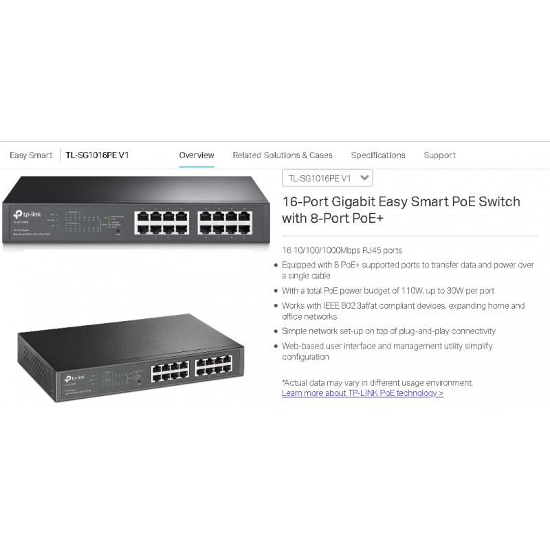 Switch 16p con 8POE +2Sfp Admin. Tp-Link Gigabit Poe 802.3at/af, 150w, Rack 1Fan/Ext.