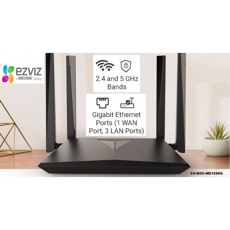 Router Dual Band EzViz WiFi AC1200 App, 4 Ant, 2.4y5Ghz, 1Wan, 3Lan Gigabit 300y866Mbps. CS-W3C-WD1200G. G:90ias