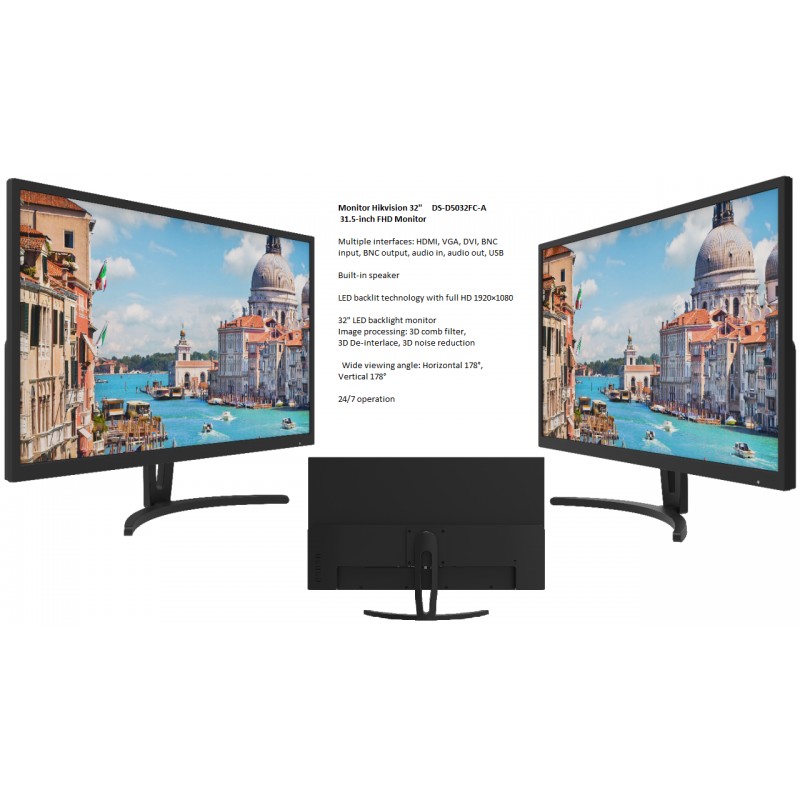 Monitor 32" Led, Vga Dvi Hdmi Hikvision Cornetas. TV In, Bnc In Out, Usb, Audio In Out, Negro, Grntia: 90 Dias