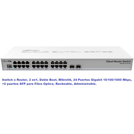 Switch Rout 24 Ptos +2Sfp Admin Mikrotik Cloud Sw, Layer 2, Rack 1U, Dual Boot OS v6, Level 5 license.  Gtia: 90 dias