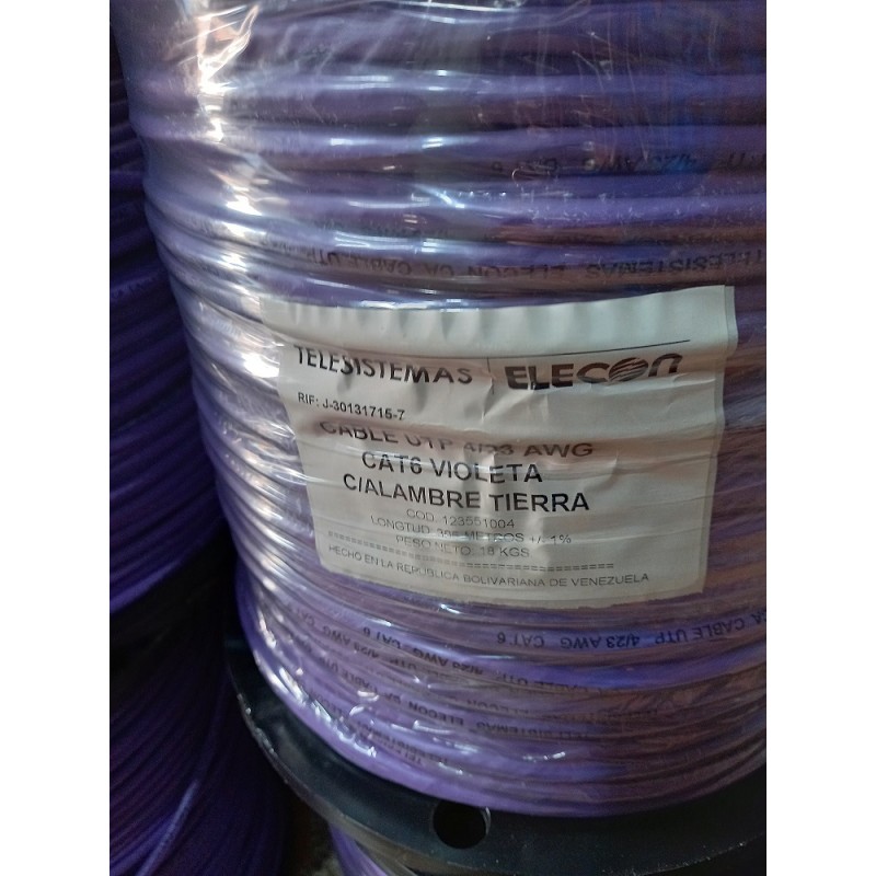 Bobina UTP CAT 6 Violeta hilo GND Elecon awg23, Gnd es hilo de tierra, 305m