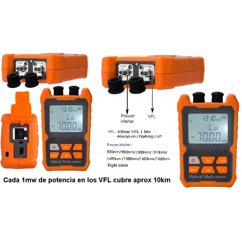 Optical Powermeter y Lan Tester Rj45 remote, 8x Wavelengths, -70dBm~+6dBm. 850/980/1300/1310/1490/1550/1625/1650nm. NO Gtia