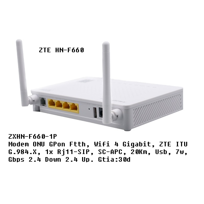 Modem ONU GPon Ftth, Wifi 4 Gigabit, ZTE ITU G.984.X, 1x Rj11-SIP, SC-APC, 20Km, Usb, 7w, Gbps 2.4_Down 2.4_Up. Gtia:30d