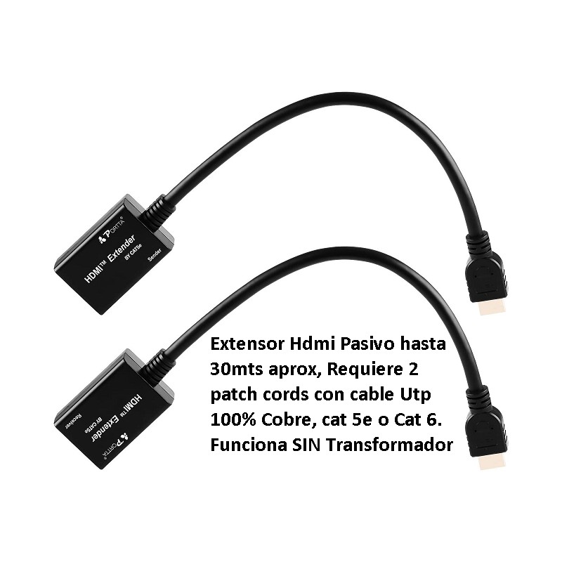 Extensor Hdmi Pasivo, 30m, Req 2 Cables Utp Cobre c5e o C6. Gtia: 30d