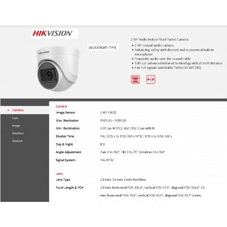 Camara Domo 2Mpx, 2.8mm, Microfono Hikvision-C, Exir, 1/3, IR 20m, IP67, 1080px, 4en1, Over Coax, Req Dvr HQ HU HT. Gtia: 90d