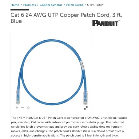 Patch Cord CAT 6, 1mt 3Ft  Panduit Azul