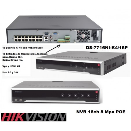 NVR 16 Cam IP 4K, +16POE 8Mpx, Hikvision 200w, sop 4DD 6TB, Alarm 16/4, Rack h265, 3Usb, 1rca, Hdmi_Vga. Gtia: 90d