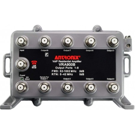 Amplificador CATV 9 canales, 8dbi, metal 52-1002Mhz, Transf 12Vdc. Gtia: 30dias 6 kV protec, PTC Short-Circuit. Antronix