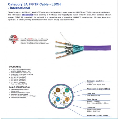 Bobina Siemon Cat 6A 10Ghz F/UTP Violeta doble chaqueta, CMP, plenum, awg24, 1 hilo tierra, par Foild, LSOH, 10GbaseT