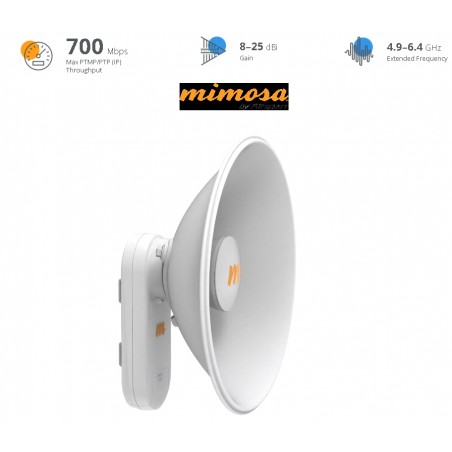 Radio M5 27dBi CPE Bridge, Mimosa Airmax, 700Mbps, PTMP/PTP, 5Ghz, 10/100Mbps, 24Vdc, 6W, Garantia: 90 dias