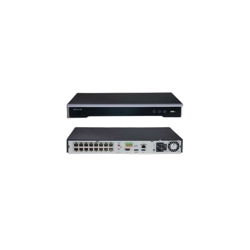 NVR 16 CAM IP 4K 16 POE 8MPX HIKVISION GIGABIT 100/1000MBPS, 150W, SOP 2DD 8TB, H265, 2USB, 1RCA HDMI VGA. GTIA: 90 DÍAS