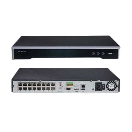 NVR 16 CAM IP 4K 16 POE 8MPX HIKVISION GIGABIT 100/1000MBPS, 150W, SOP 2DD 8TB, H265, 2USB, 1RCA HDMI VGA. GTIA: 90 DÍAS