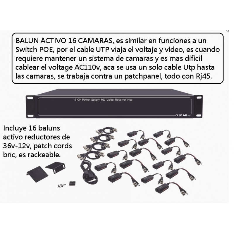 Balun Activo 16 Canal con 16 baluns internos, Epcom. via Rj45, 250m, 1.4A p/pto bnc. 120 Ac