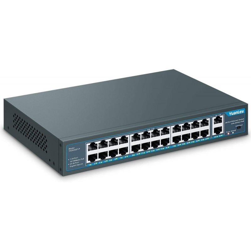 SWITCH 24 PUERTOS POE +2 GIGABIT, 400W YUANLEY RACKEABLE 10/100 MBPS 16W IEEE802.3AF/AT GTIA: 120 DÍAS