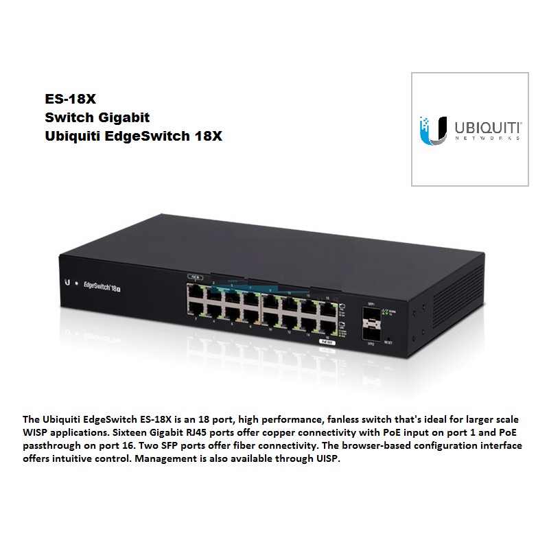 Switch 16 Ptos Gigabit 2Sfp 1Poe, Ubiquiti 1000 Mbp, Rack, Vlan 4K, Admin L2, Fanless.. Gtia:30dias