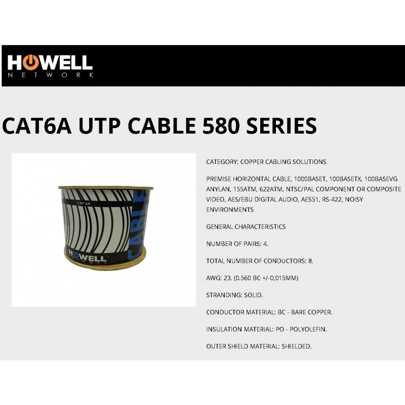 Bobina CAT 6A UTP 23awg Gris 10Gb Howell 600 Mhz, Redondo, Chaqueta CM, 305 Mts www.howellnetwork.com