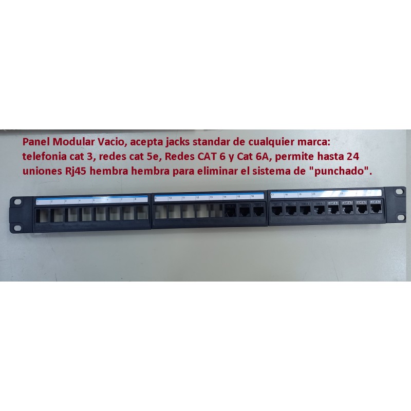 Panel Modular 24 Ptos, Standard Cat 6-6A Rj-11, para uniones Rj-45, soporte trasero.