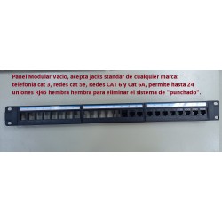 Patchpanel Modular 24 Ptos CERTIF, Cat 6 con 24 union Rj45 C6 y soporte trasero.