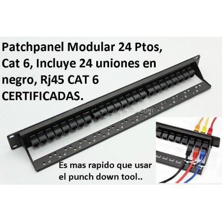 Patchpanel Modular 24 Ptos CERTIF, Cat 6 con 24 union Rj45 C6 y soporte trasero.