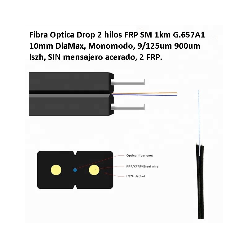 Fibra Optica Drop 2 hilos FRP SM 1km G.657A1 10mm DiaMax, Monomodo, 9/125um 900um lszh, SIN mensajero acerado, 2 FRP