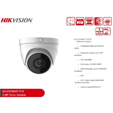 Camara Domo 5Mpx 2.8mm Hikvision 1/2" Metal IP66, ExIR 20m, IRcut, OSD, 4en1