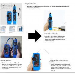 Generador Tono 4en1, Chicharra, Tester Lan RJ45/11, Continuidad, Luz, Test POE Caiman, audifono, 2x Bat 9v. Gtia: 10d