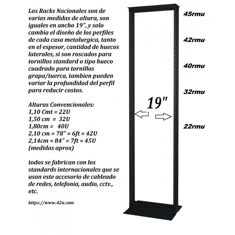 Rack Piso 1.80 Mts, Fab Nac. Huecos cuadrados EIA para tornillos, tipo Grapa/Tuerca