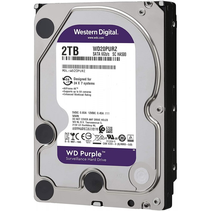 Disco Duro 2 Tb Western Digital Púrpura Caché de 64Mb. SATA 6Gbps 5400rpm, Vigilancia. Grtia:30D