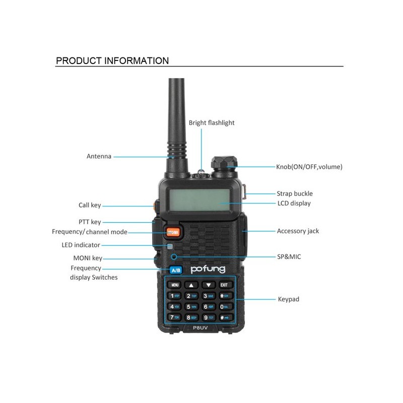 Radio FRS 5w, Dual Band, LCD, 22 canales 162-512/462-562MHz, Audífono, USB, FM 260codes, GMRS, Batería 1800mAh, Gntía:30D