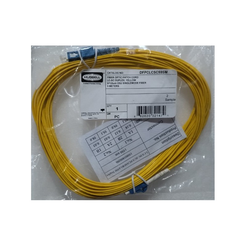 Patch Cord FO Monomodo Hubbell, SC/LC, 9/125um, 3mm, 9Mts, Amarillo.