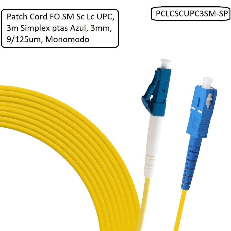 Patch Cord FO SM Sc Lc UPC, 3m Simplex ptas Azul, 3mm, 9/125um, Monomodo